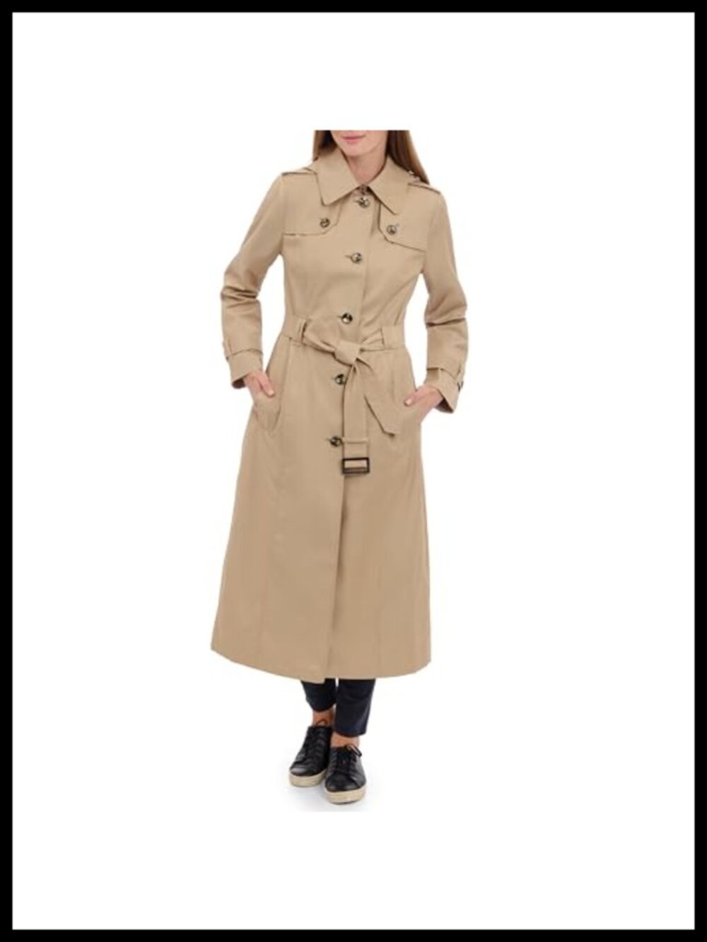 Women's Single Breasted Long Trench Coat with Epaulettes & Belt Water-Resistant